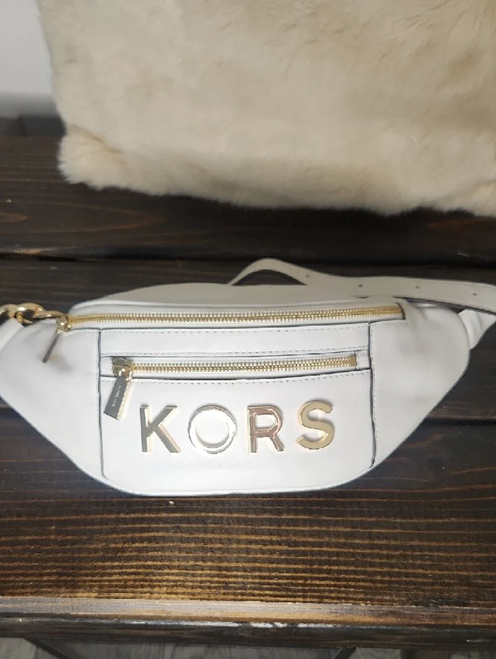 Michael Kors White Leather KORS Crossbody Belt Bag with Gold Hardware